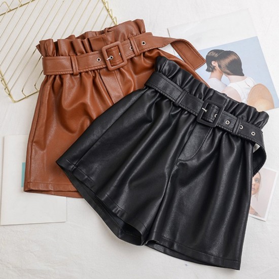 Hot High Waist Women Pu Leather Shorts with Belt image